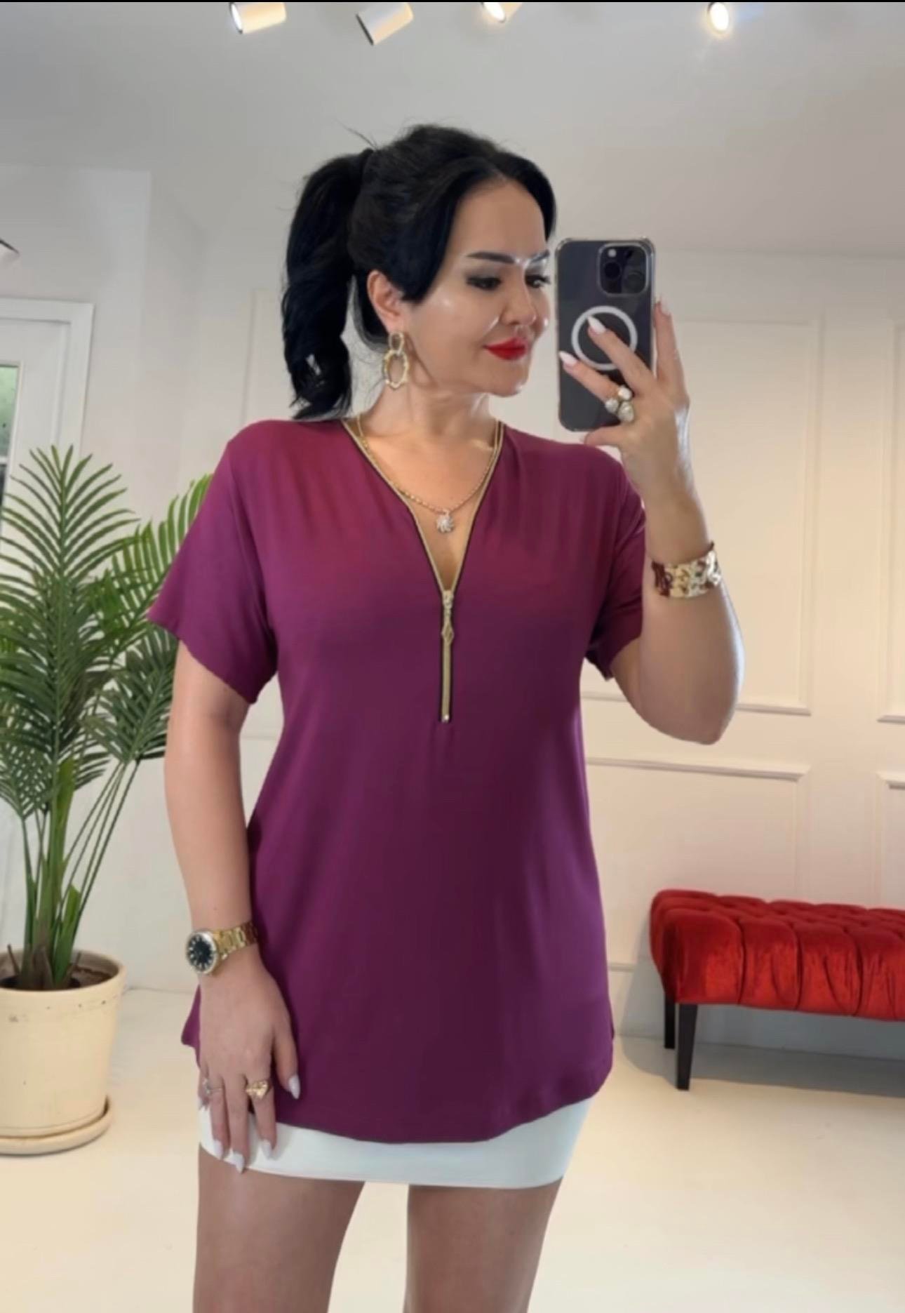 4095   Fermuarlı  mürdüm bluzTFUF