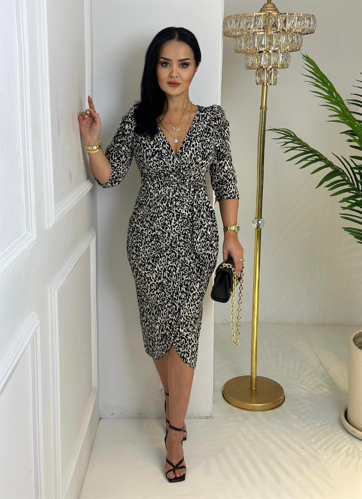 4101 Leopar beli fiyonklu  elbiseSösödöm