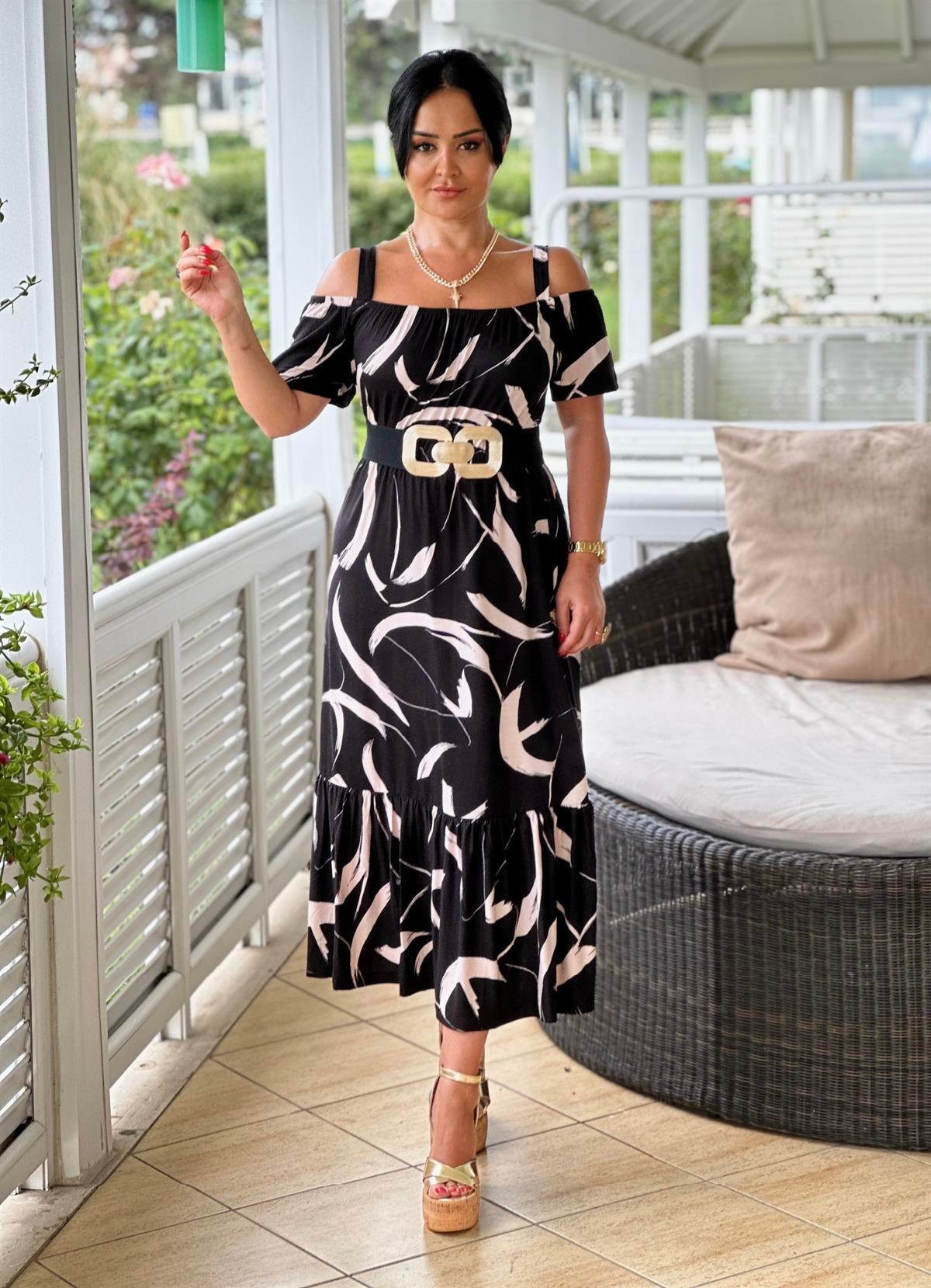 4133  Omuz dekolteli  dalga detaylı   pamuk viskon elbise JRHURFT7RFTGFUY