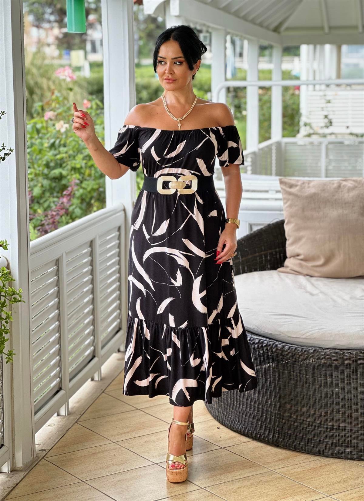 4133  Omuz dekolteli  dalga detaylı   pamuk viskon elbise JRHURFT7RFTGFUY