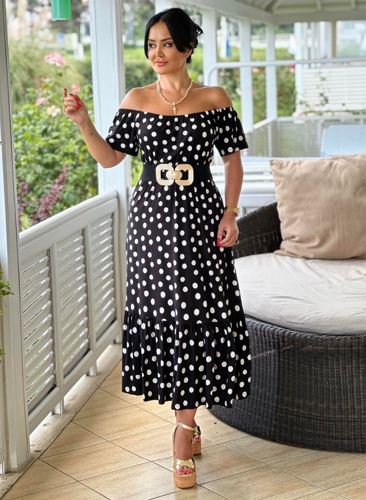 4136 Omuz dekolteli  puantiyeli  pamuk viskon elbise JRHURFT7RFTGFUY