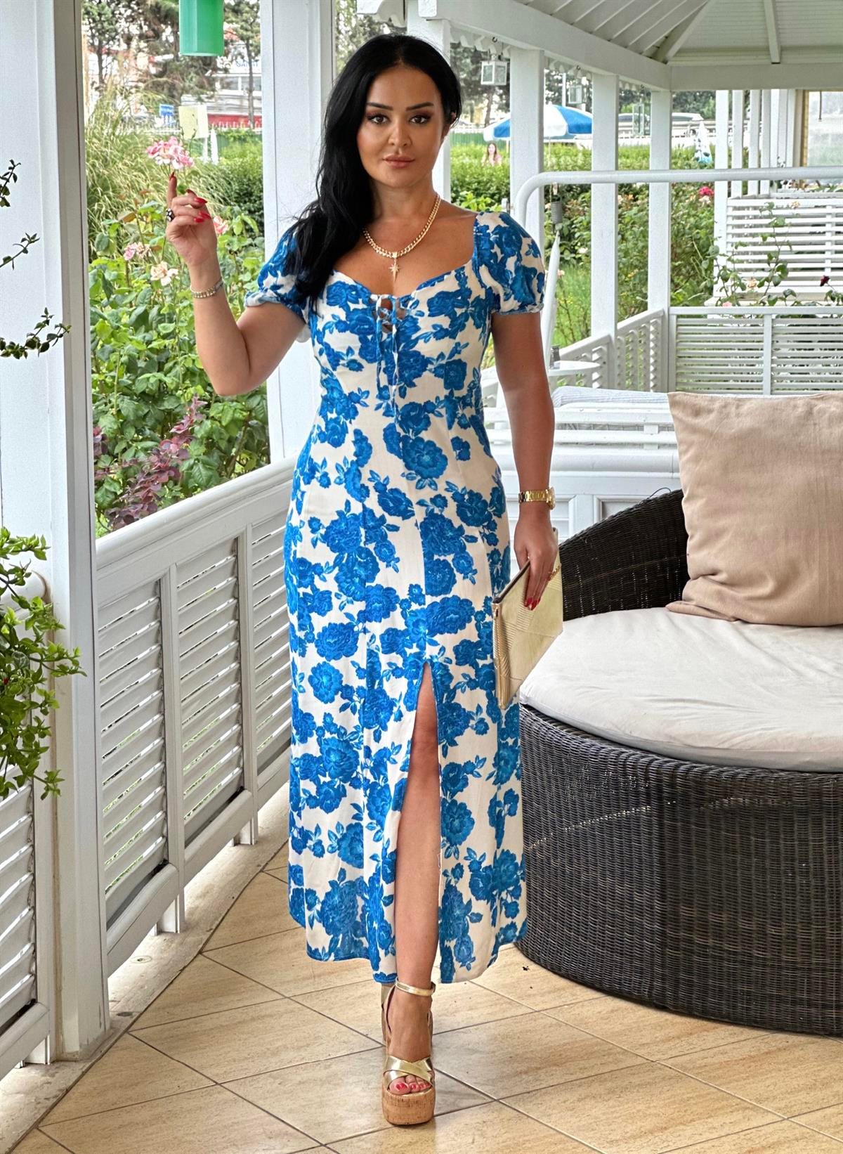 4137 Mavi yırtmaçlı çiçekli elbisegfsdfsfsdggfds