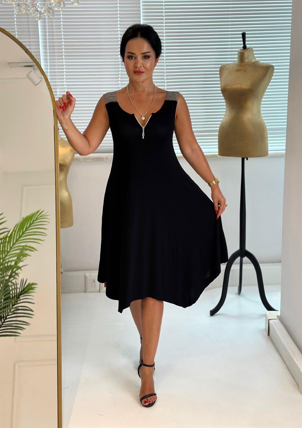 4140 Fermuarlı siyah elbise JRHURFT7RFTGFUY