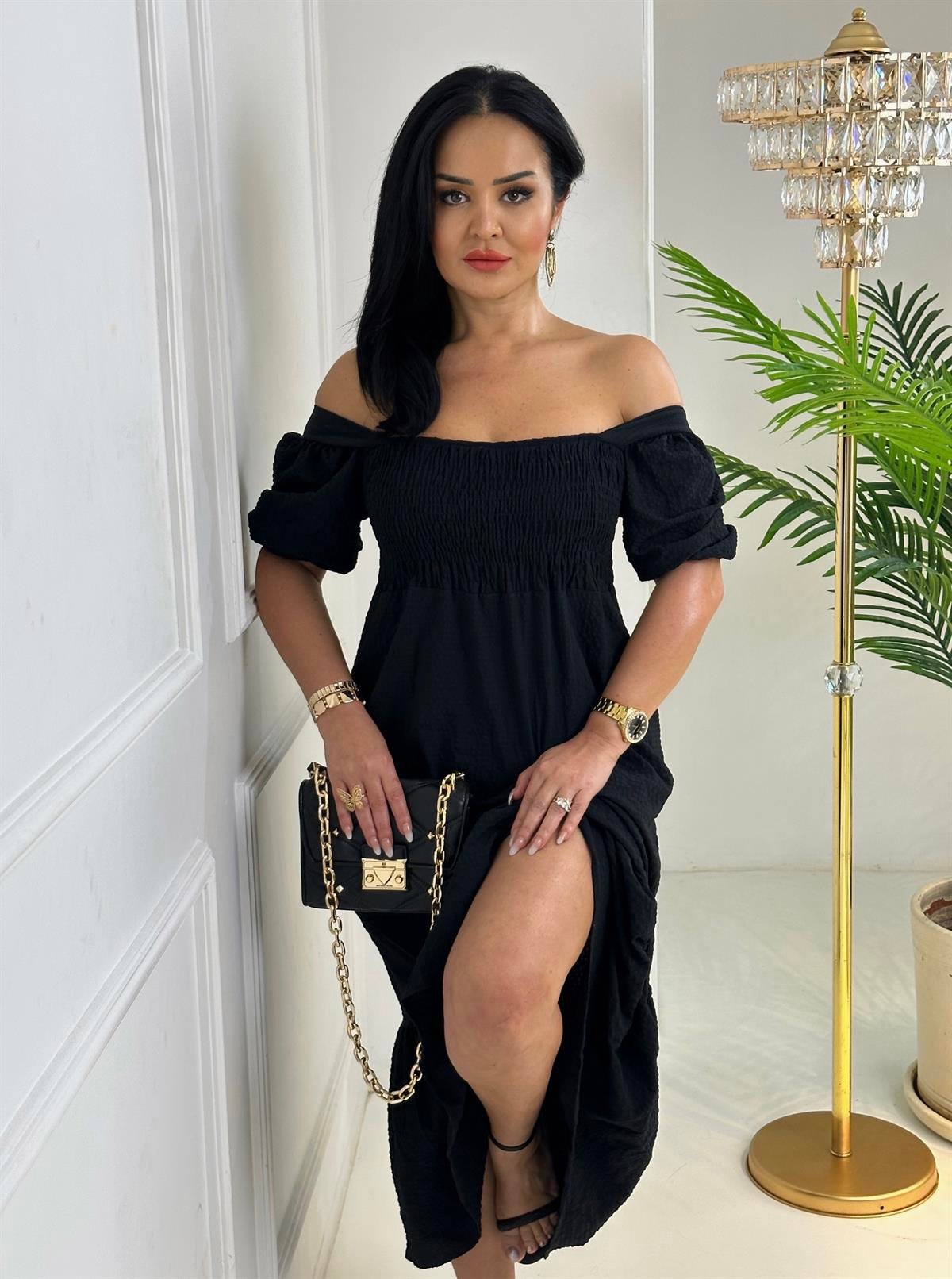 4150 Gofreli siyah elbisegfsdfsfsdggfds