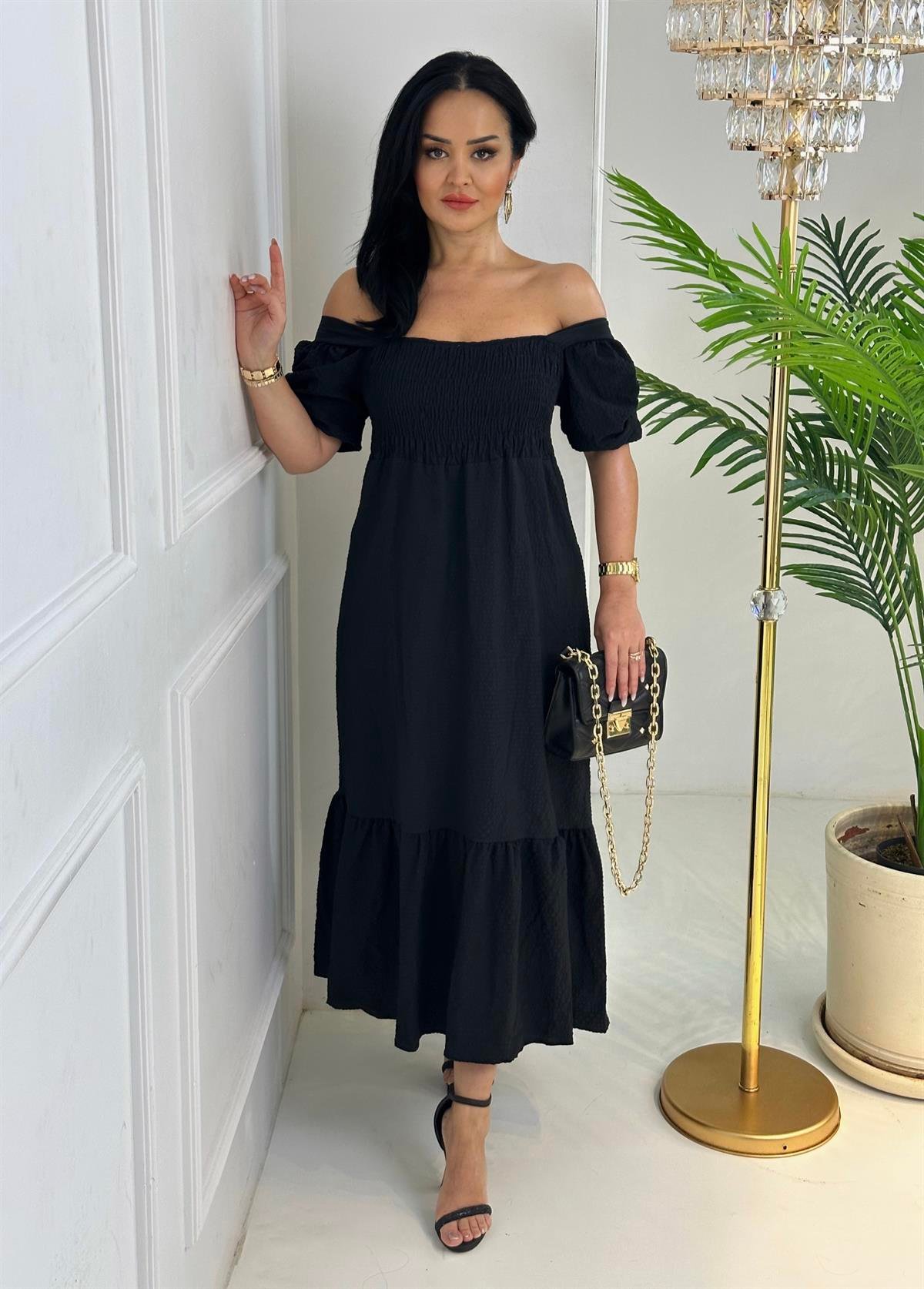 4150 Gofreli siyah elbisegfsdfsfsdggfds