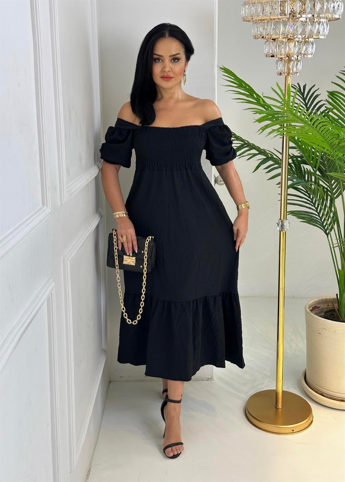 4150 Gofreli siyah elbisegfsdfsfsdggfds