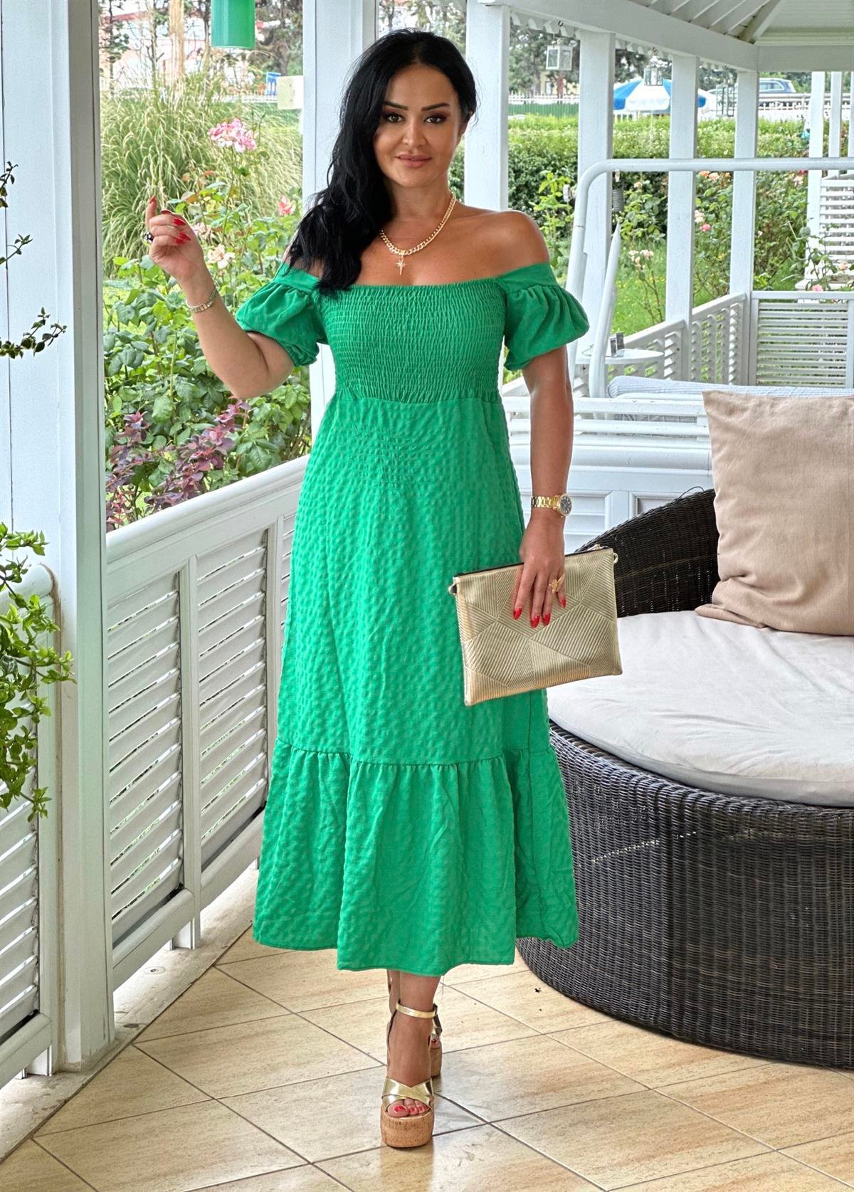 4150 Gofreli yeşil elbisegfsdfsfsdggfds