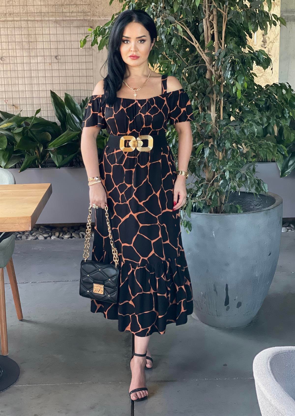 4179  Madonna yaka ip askılı turuncu desenli  elbiseJRHURFT7RFTGFUY