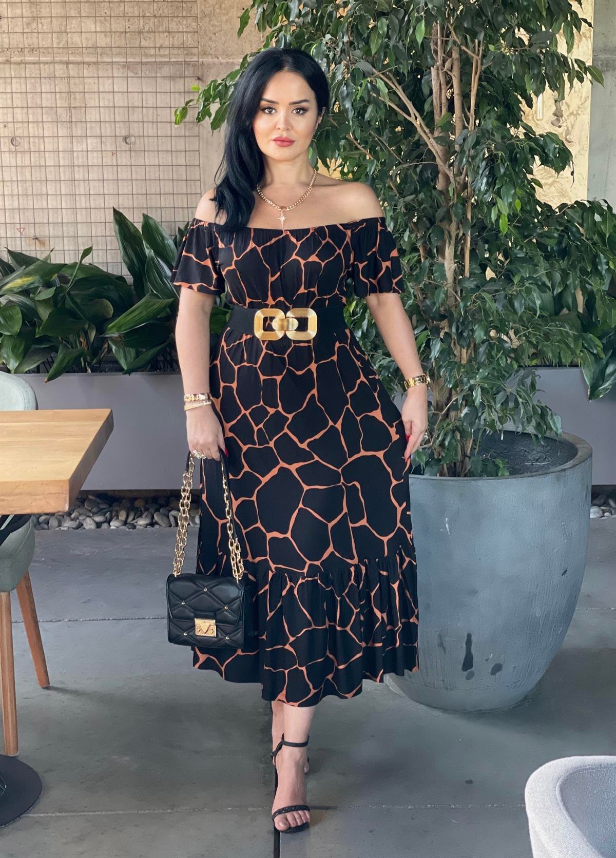 4179  Madonna yaka ip askılı turuncu desenli  elbiseJRHURFT7RFTGFUY