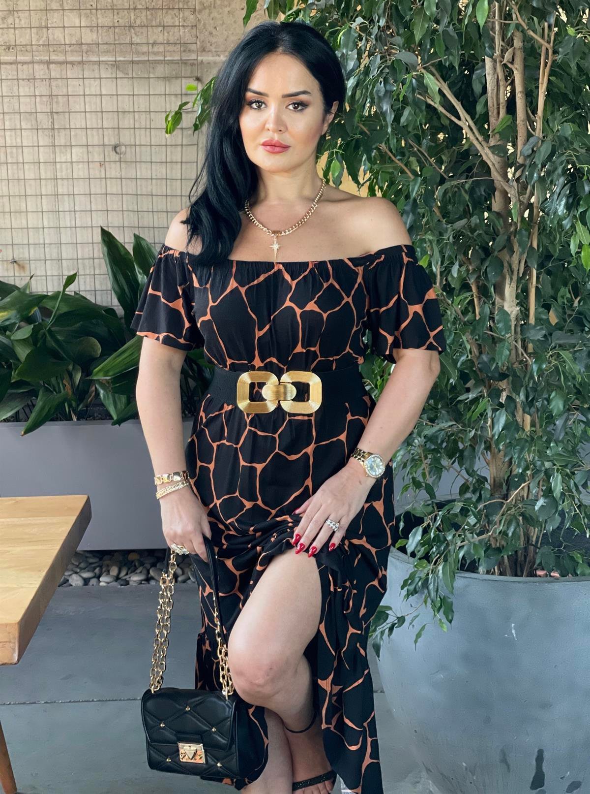 4179  Madonna yaka ip askılı turuncu desenli  elbiseJRHURFT7RFTGFUY