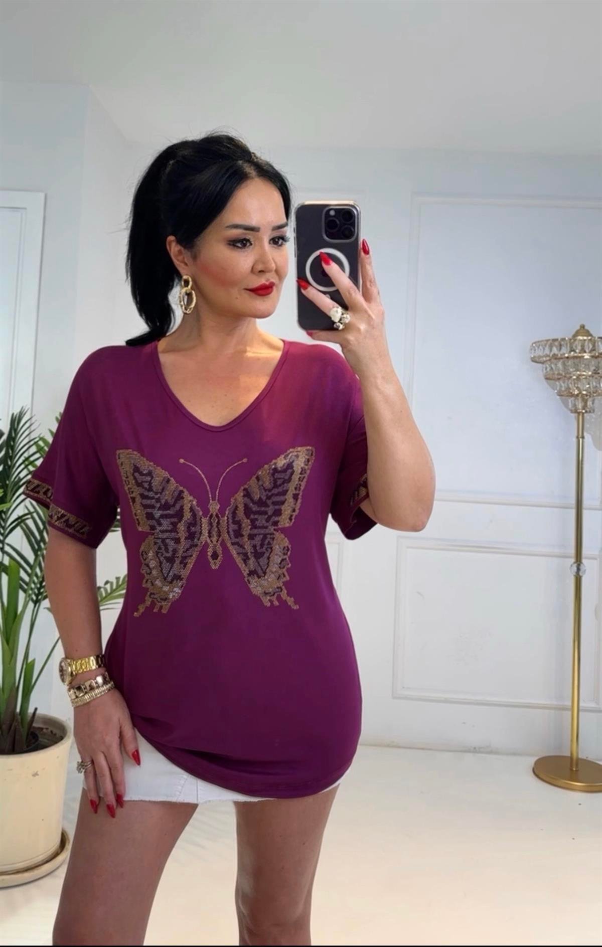 4211 Taş detaylı v yaka eflatun bluzTFUF