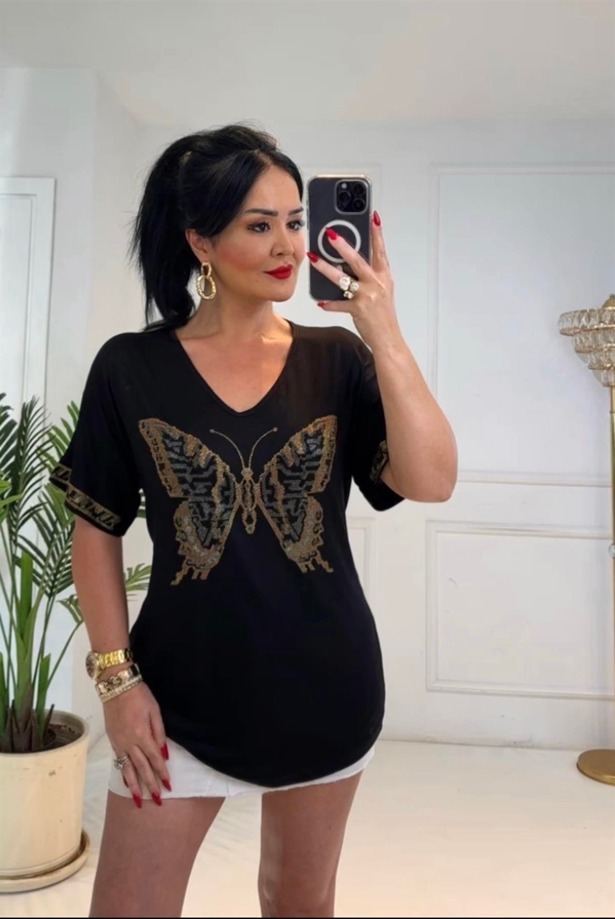 4211 Taş detaylı v yaka siyah bluzTFUF