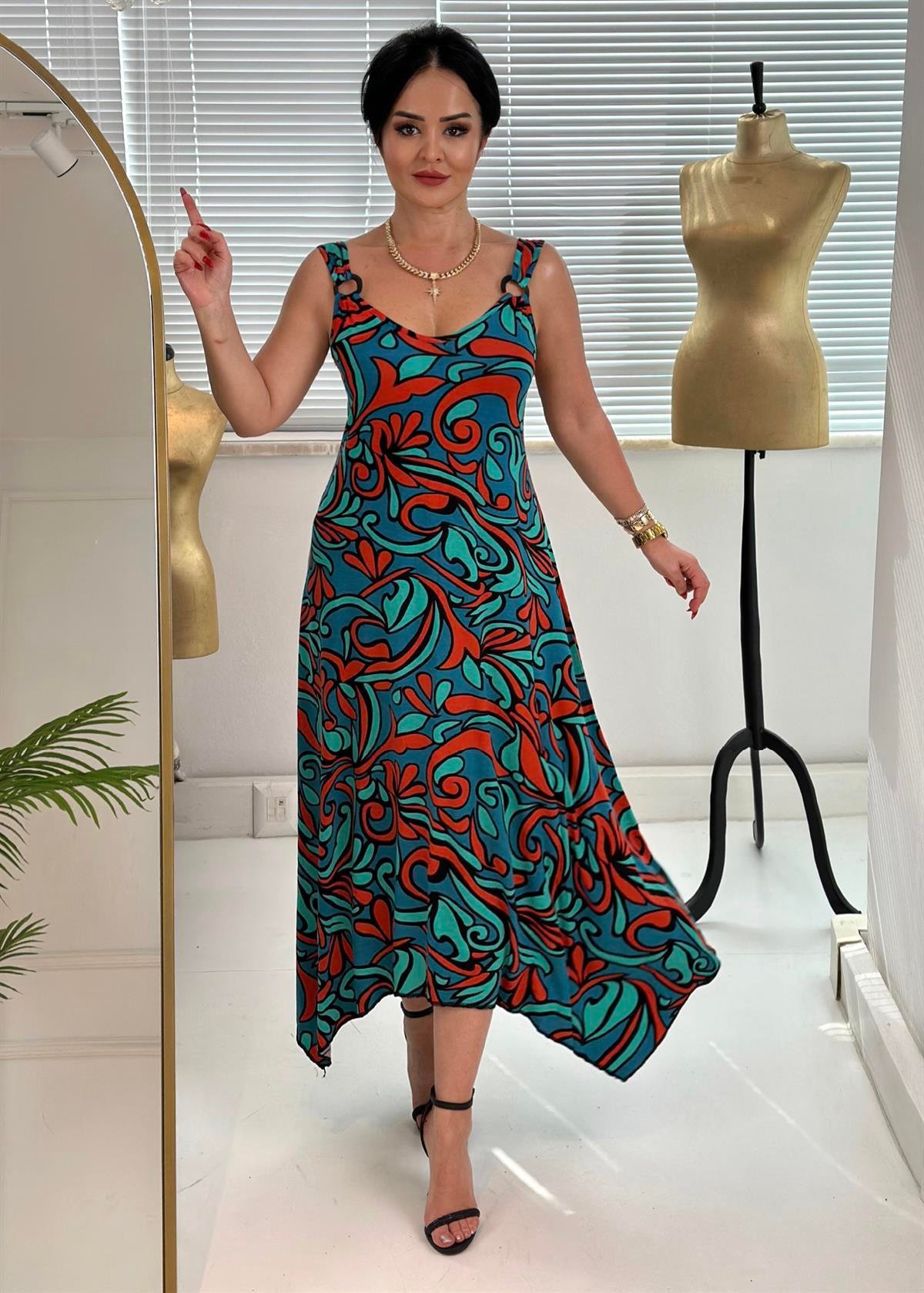 4221 OKYANUS DESENLİ RAHAT KALIP ELBİSE JRHURFT7RFTGFUY