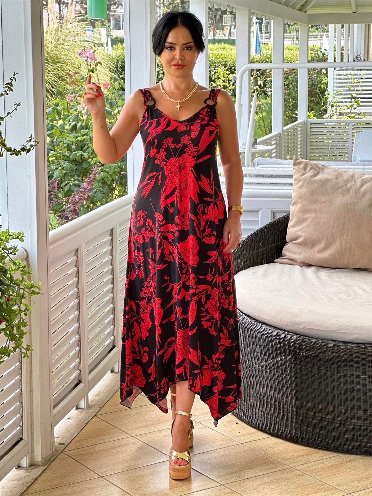 4228 KIRMIZI DESENLİ  HALKA DETAYLI ASİMETRİK ELBİSEJRHURFT7RFTGFUY