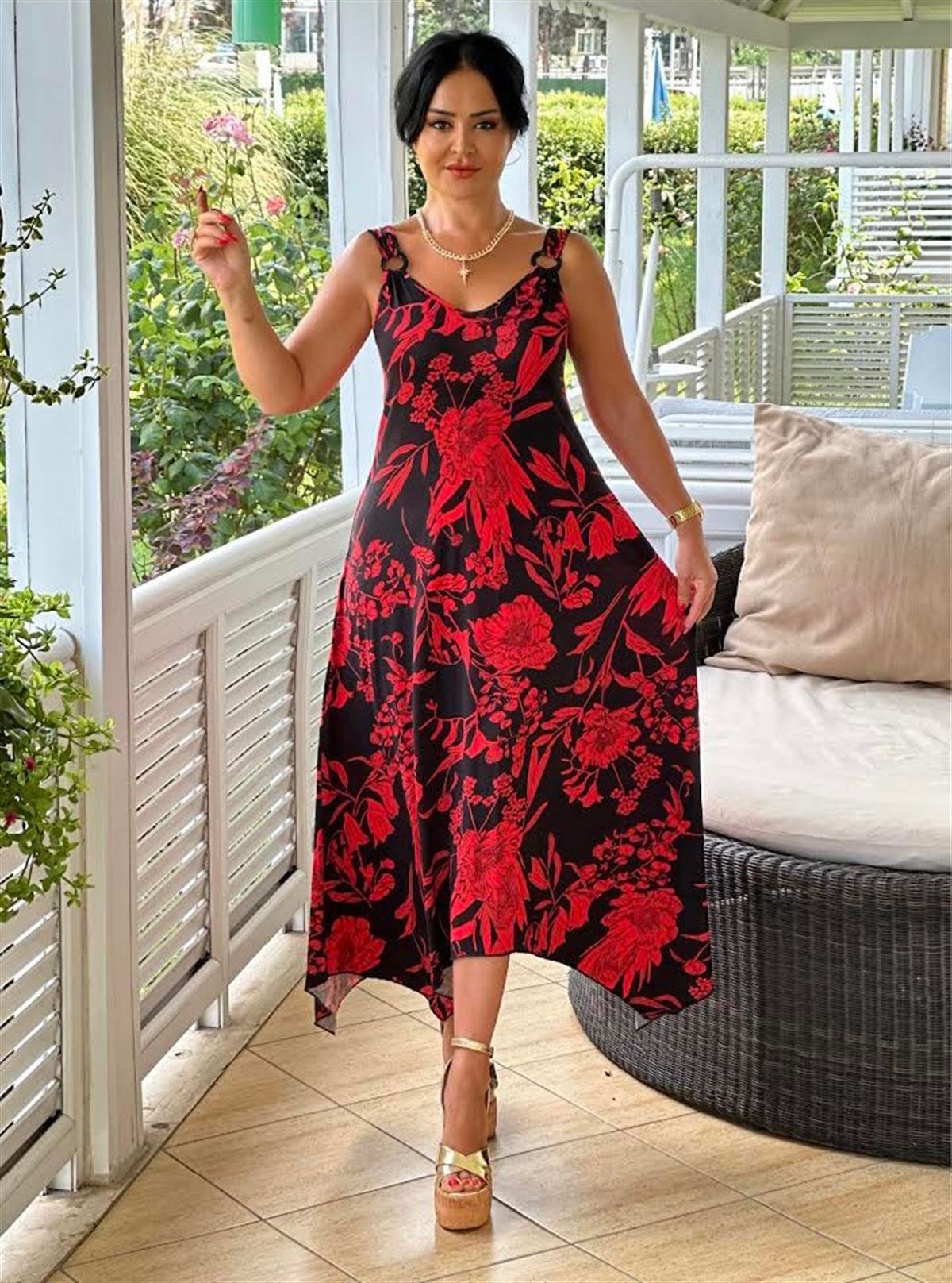 4228 KIRMIZI DESENLİ  HALKA DETAYLI ASİMETRİK ELBİSEJRHURFT7RFTGFUY