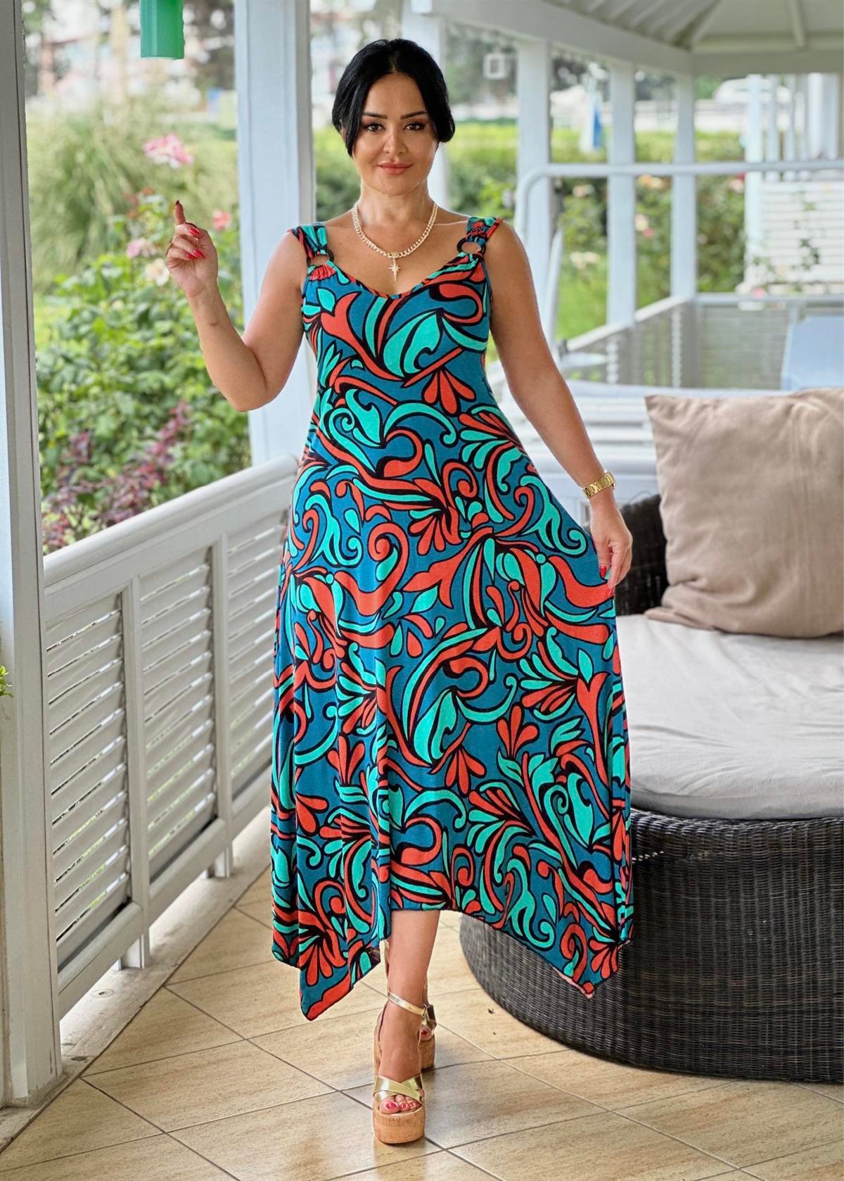 4229  YAZLIK RAHAT KALIP OKYONUS  DESENLİ  HALKA DETAYLI ASİMETRİK ELBİSEJRHURFT7RFTGFUY