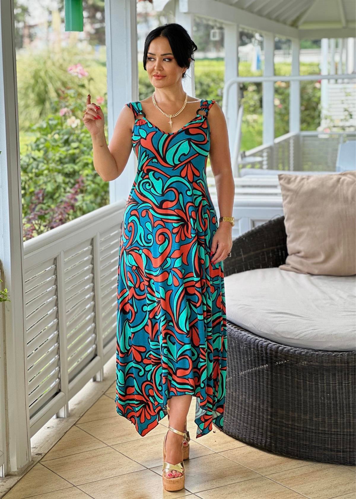 4229  YAZLIK RAHAT KALIP OKYONUS  DESENLİ  HALKA DETAYLI ASİMETRİK ELBİSEJRHURFT7RFTGFUY