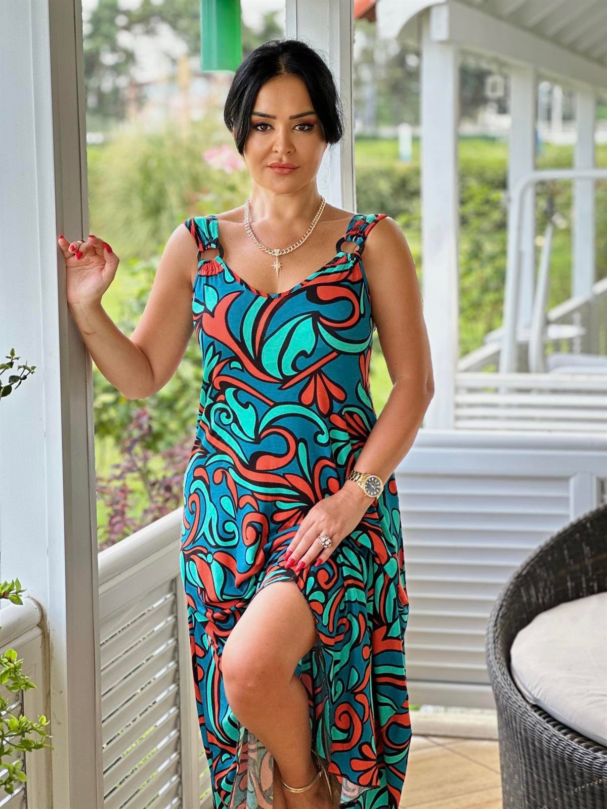 4229  YAZLIK RAHAT KALIP OKYONUS  DESENLİ  HALKA DETAYLI ASİMETRİK ELBİSEJRHURFT7RFTGFUY