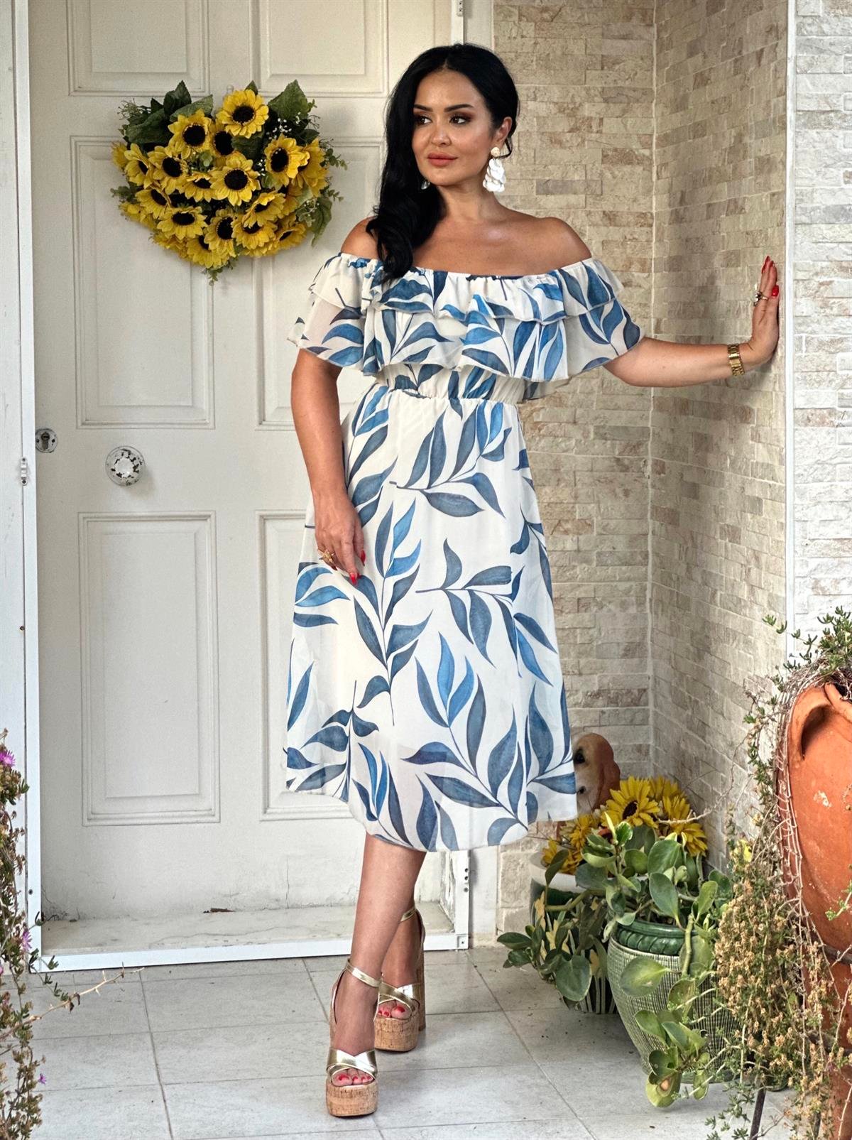 4233 Madonna yaka  mavi desenli  elbise FDSFFSD