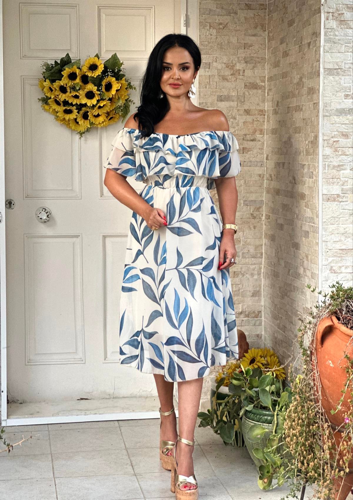 4233 Madonna yaka  mavi desenli  elbise FDSFFSD