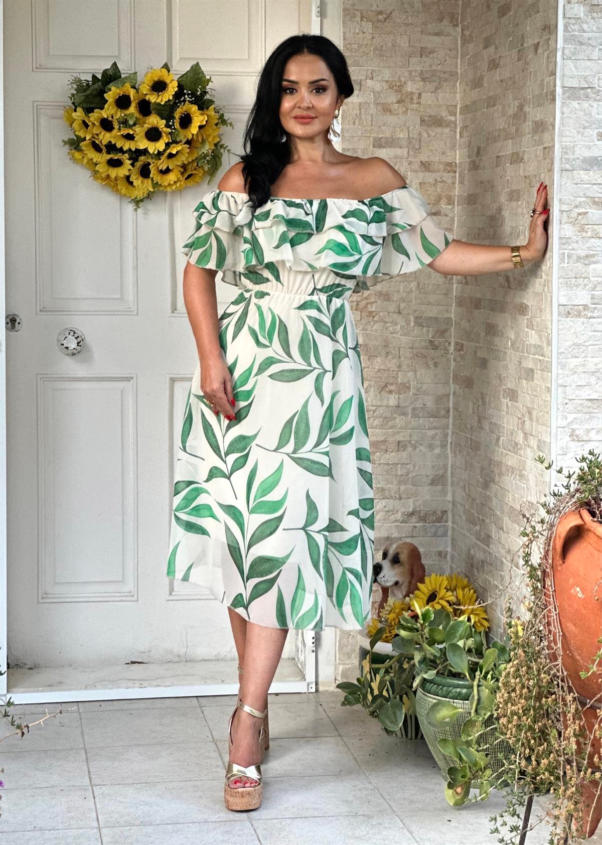 4233 Madonna yaka yeşil desenli  elbise FDSFFSD