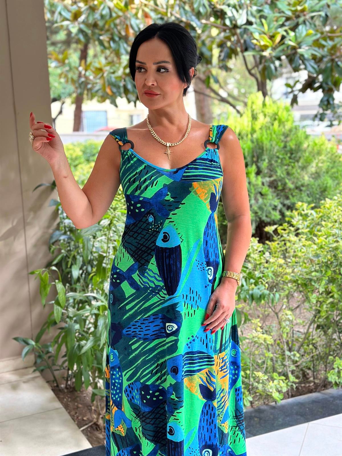 4239 Yazlık rahat kalıp balık desenli elbise JRHURFT7RFTGFUY