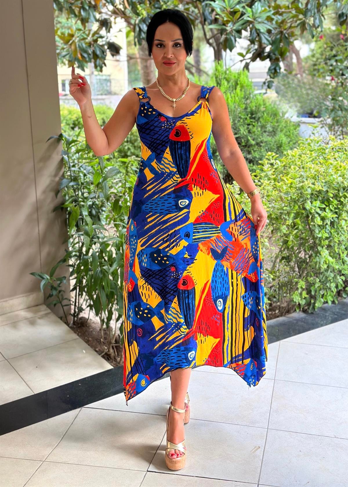 4239  Yazlık rahat kalıp balık desenli elbise JRHURFT7RFTGFUY