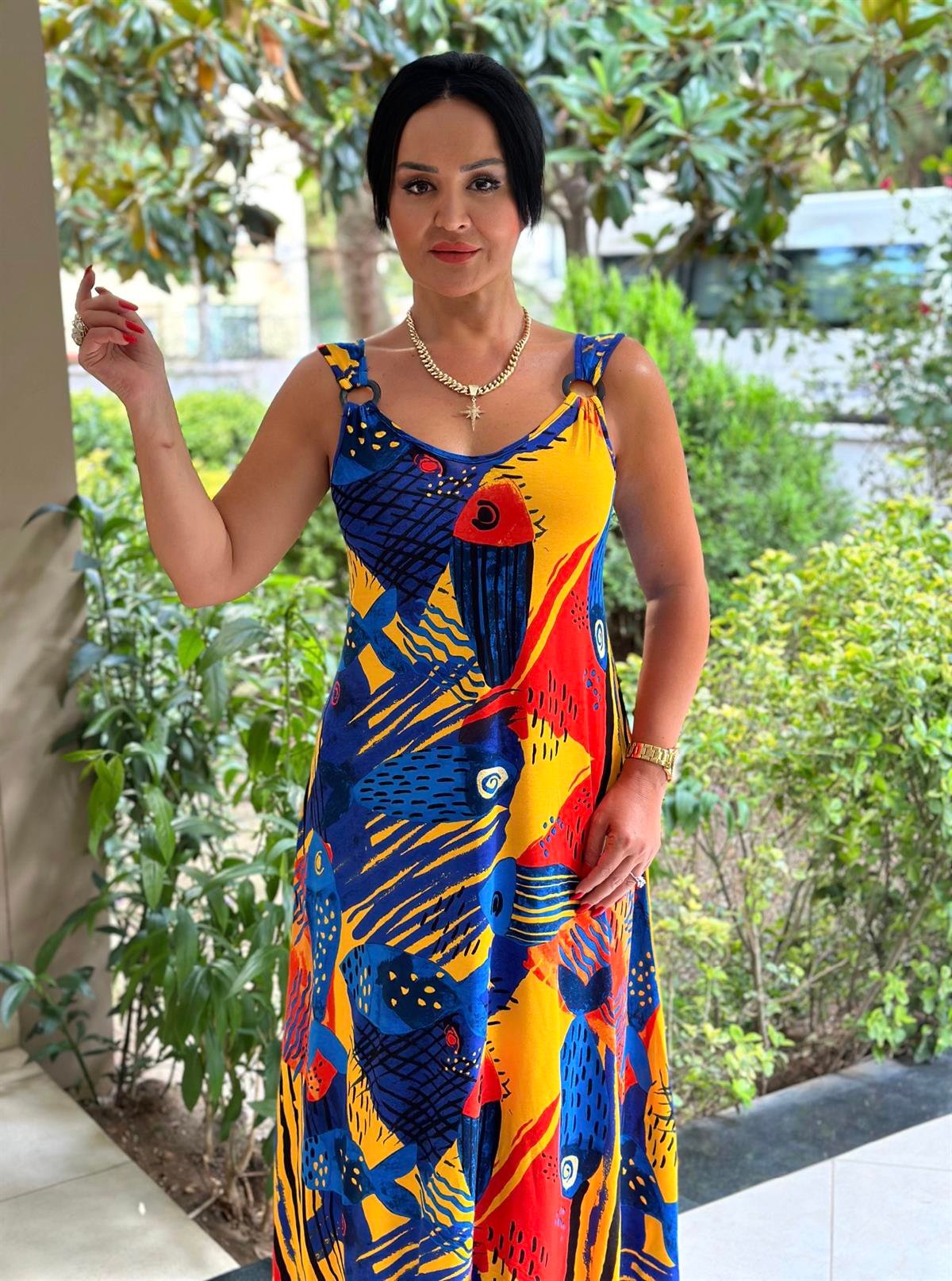 4239  Yazlık rahat kalıp balık desenli elbise JRHURFT7RFTGFUY