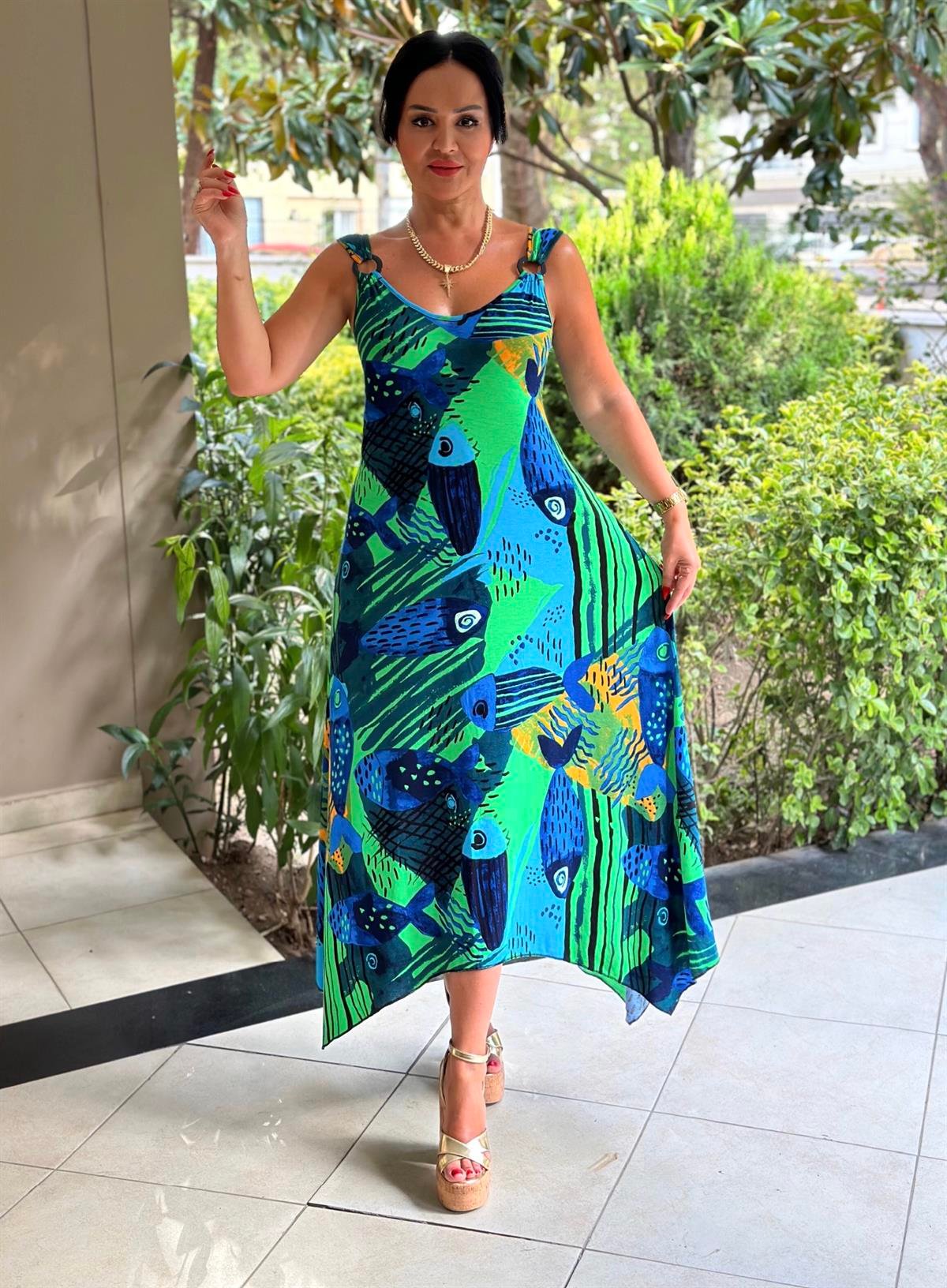 4239 Yazlık rahat kalıp balık desenli elbise JRHURFT7RFTGFUY