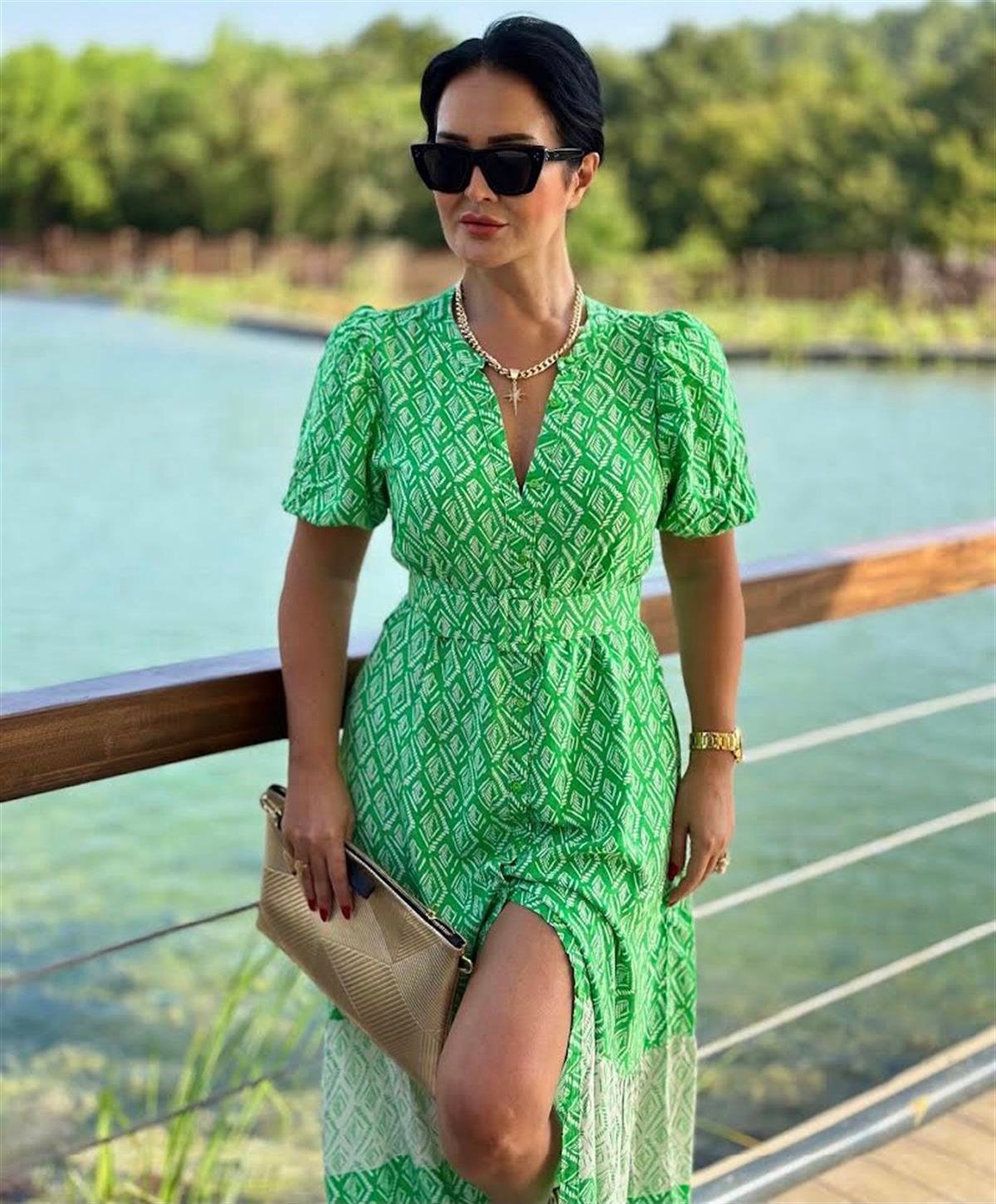 4258 Yeşil  desenli elbise Sösödöm