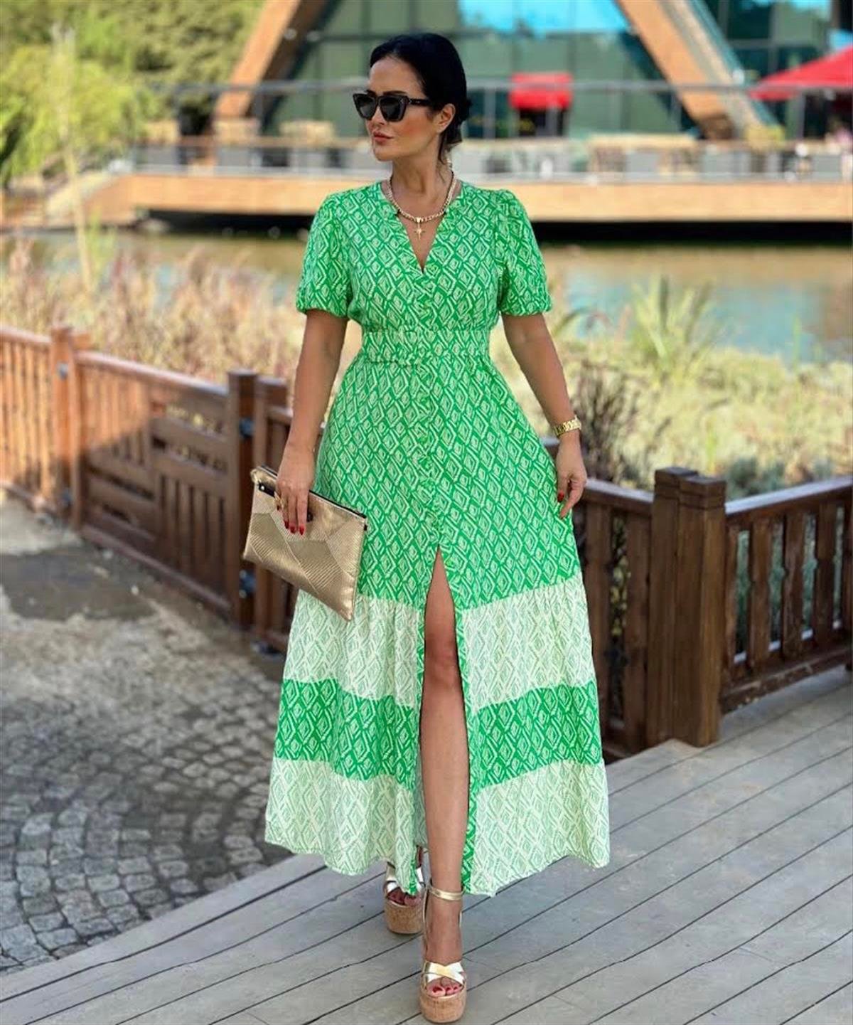 4258 Yeşil  desenli elbise Sösödöm