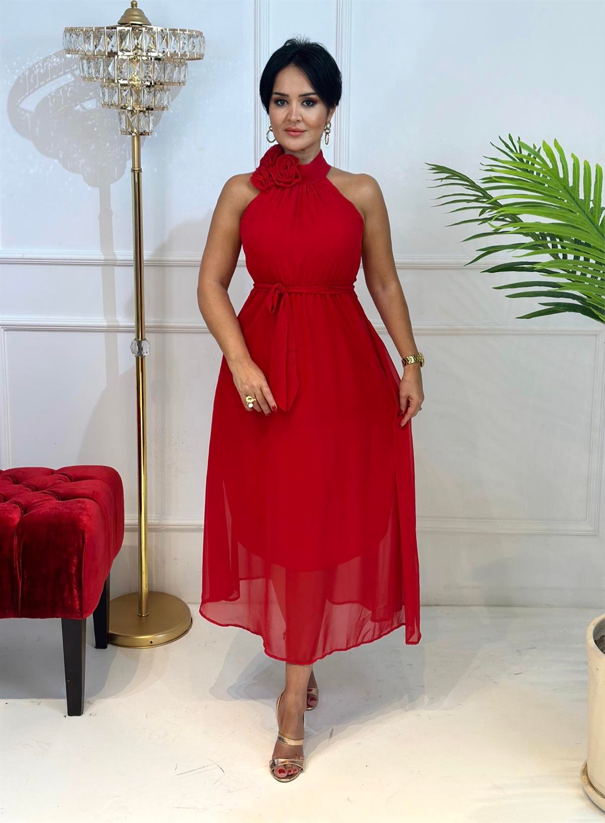 4259 Çiçek detaylı kırmızı  şifon elbise FDSFFSD