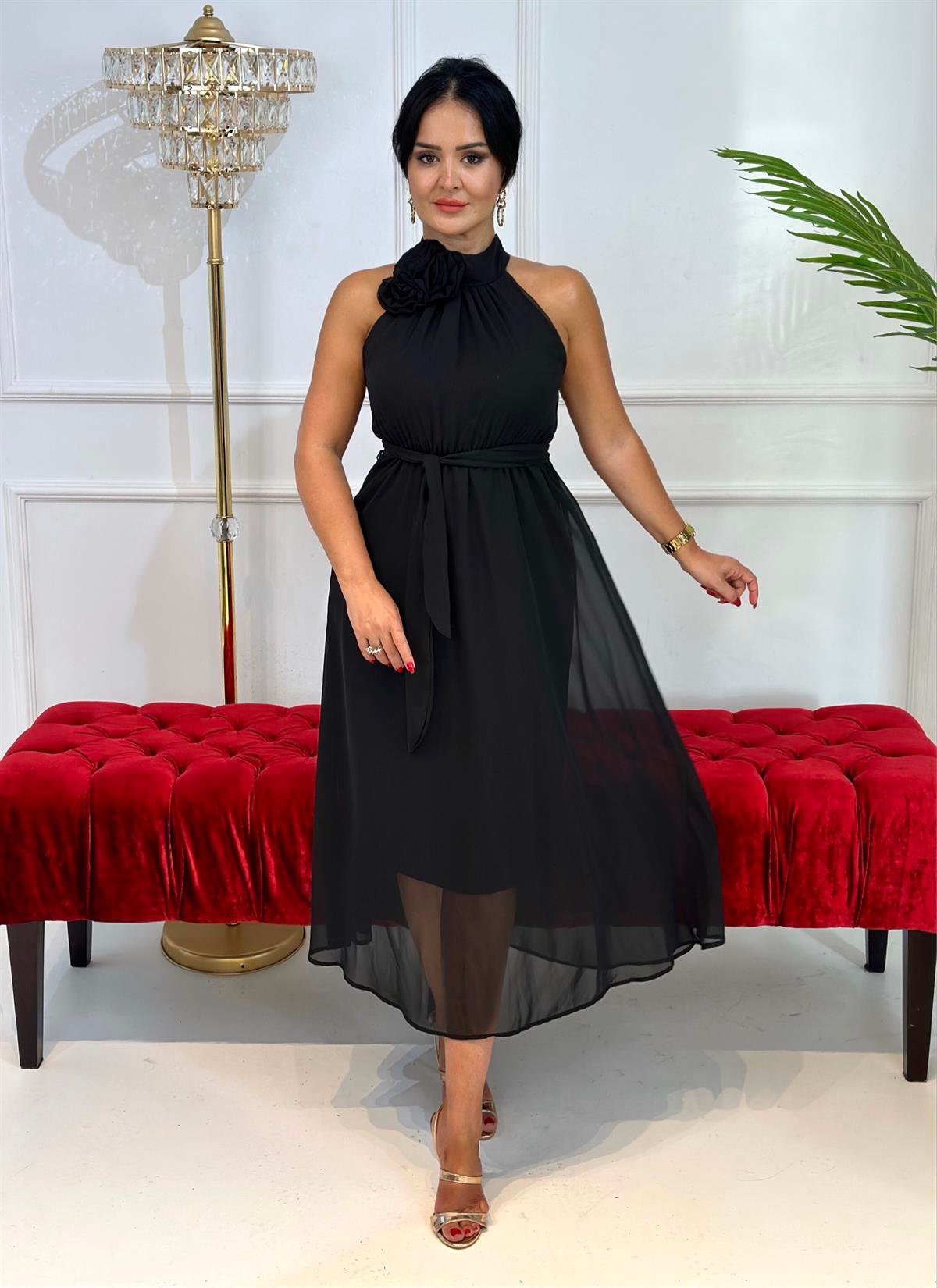 4259  Çiçek detaylı siyah  şifon elbise FDSFFSD