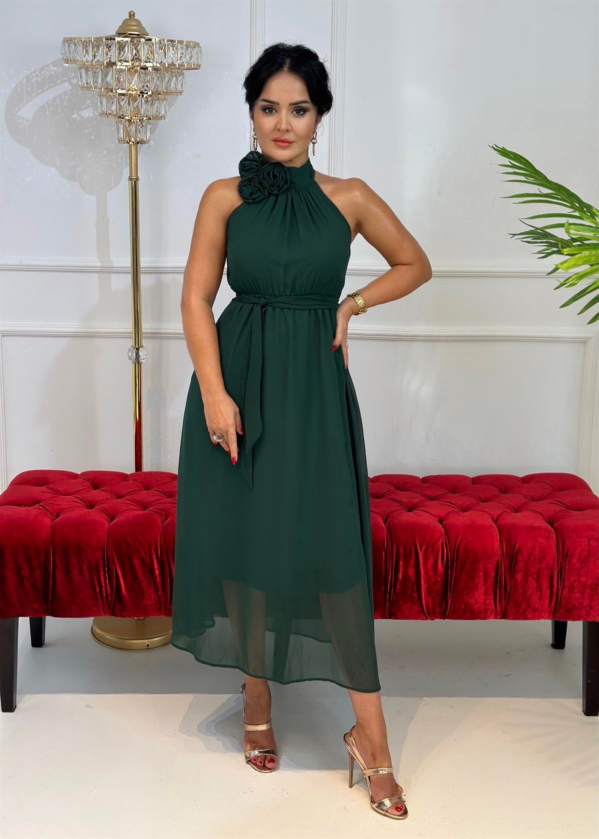 4259  Çiçek detaylı zümrüt yeşil şifon   elbise FDSFFSD