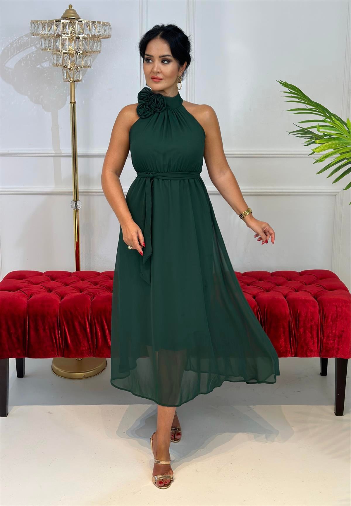 4259  Çiçek detaylı zümrüt yeşil şifon   elbise FDSFFSD