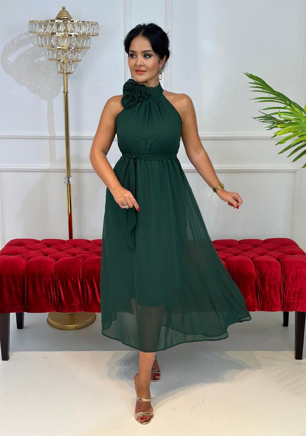 4259  Çiçek detaylı zümrüt yeşil şifon   elbise FDSFFSD