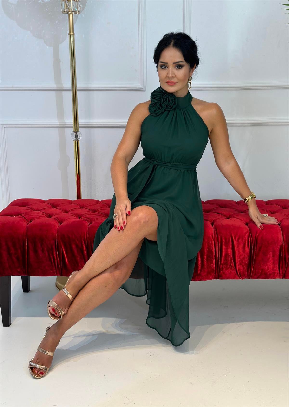 4259  Çiçek detaylı zümrüt yeşil şifon   elbise FDSFFSD