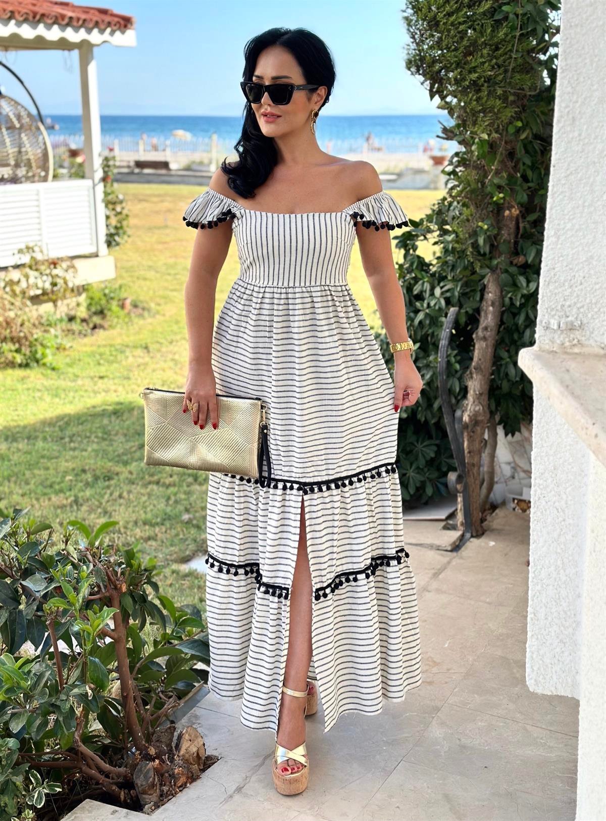 4262  Minik ponponlu siyah keten elbisessdfgv