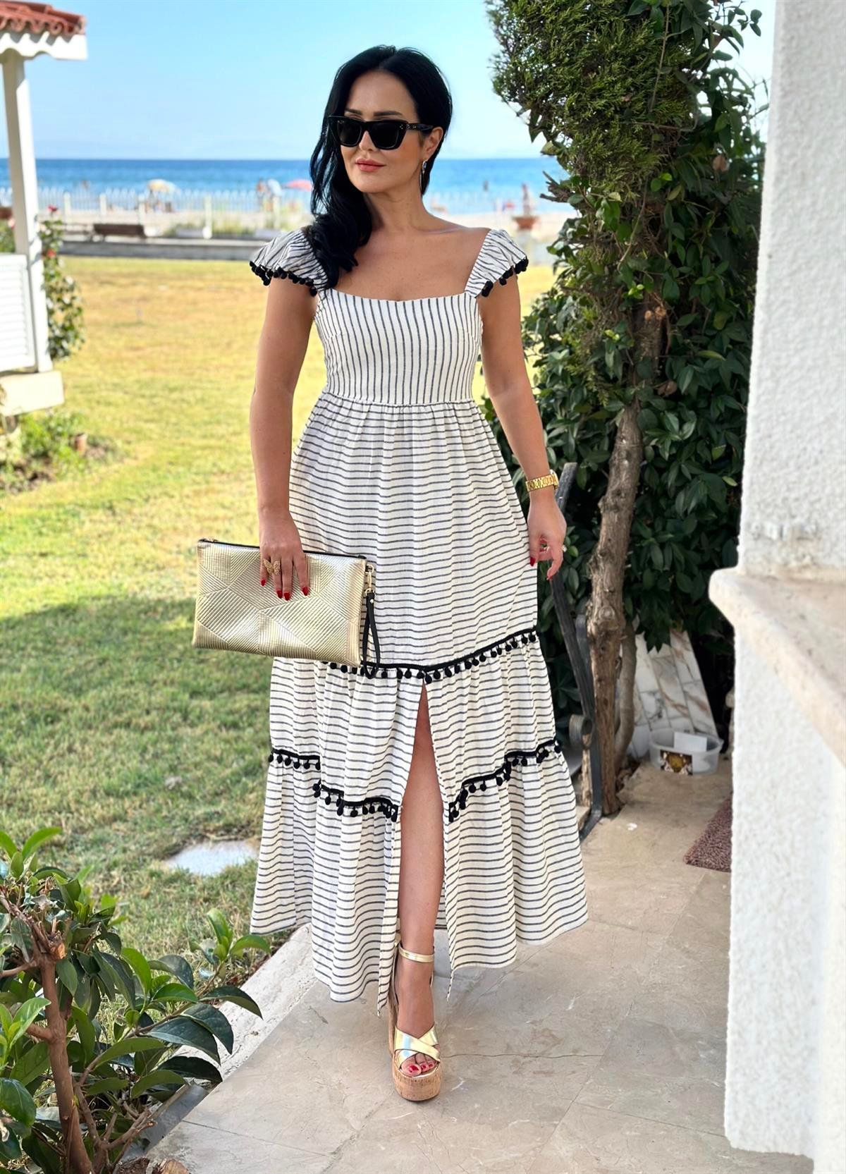 4262  Minik ponponlu siyah keten elbisessdfgv