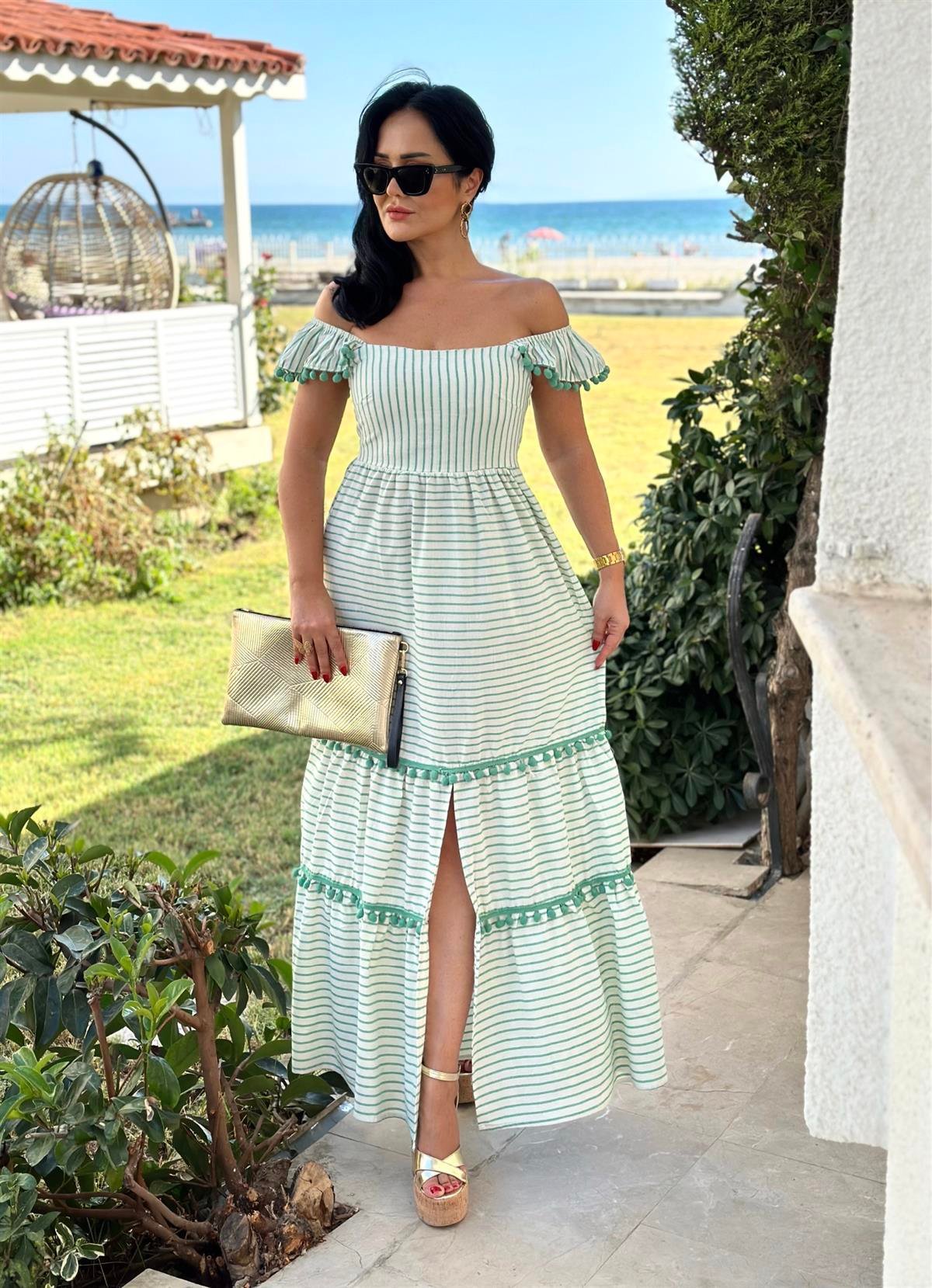 4262 Minik ponponlu yeşil keten elbisessdfgv