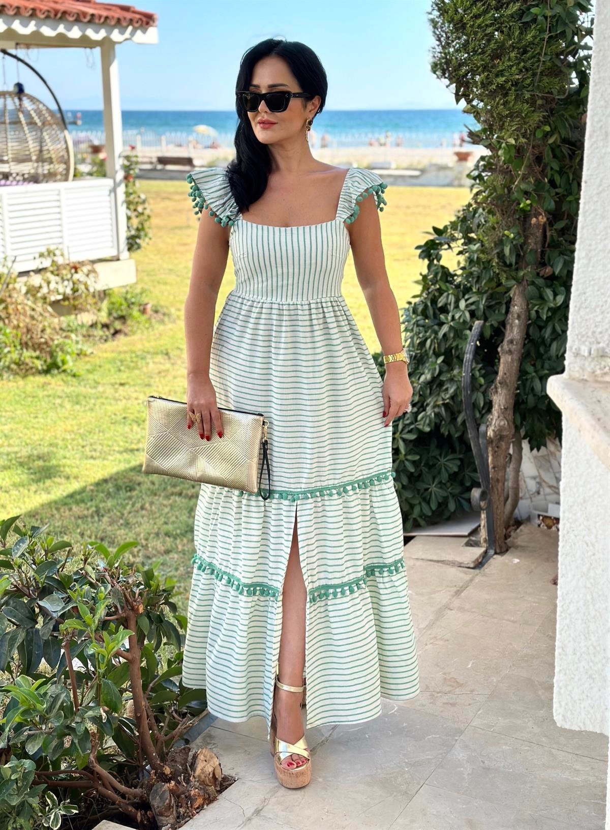 4262 Minik ponponlu yeşil keten elbisessdfgv