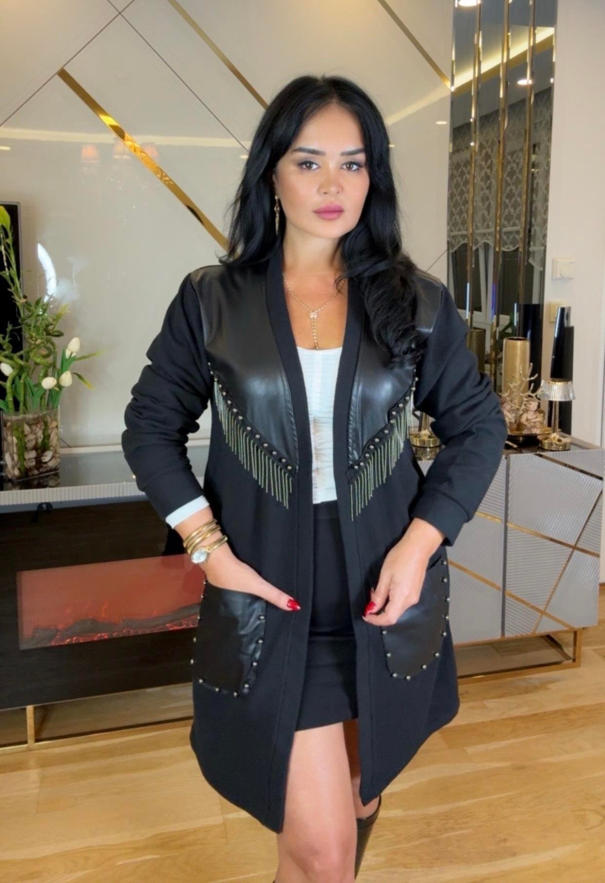 4282 Deri Garnili    Detaylı Hırka4282