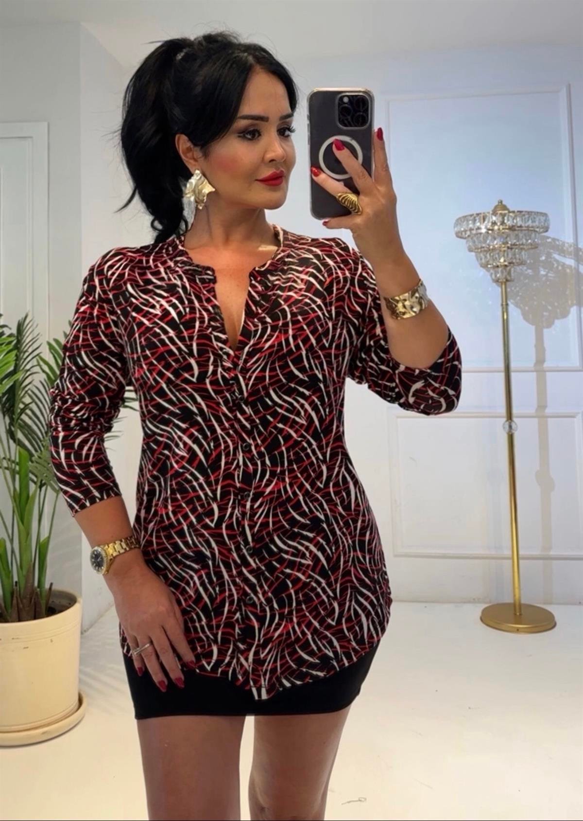 4285 Pamuklu viskon kırmızı desenli gömleksfdrfgsdfgsd