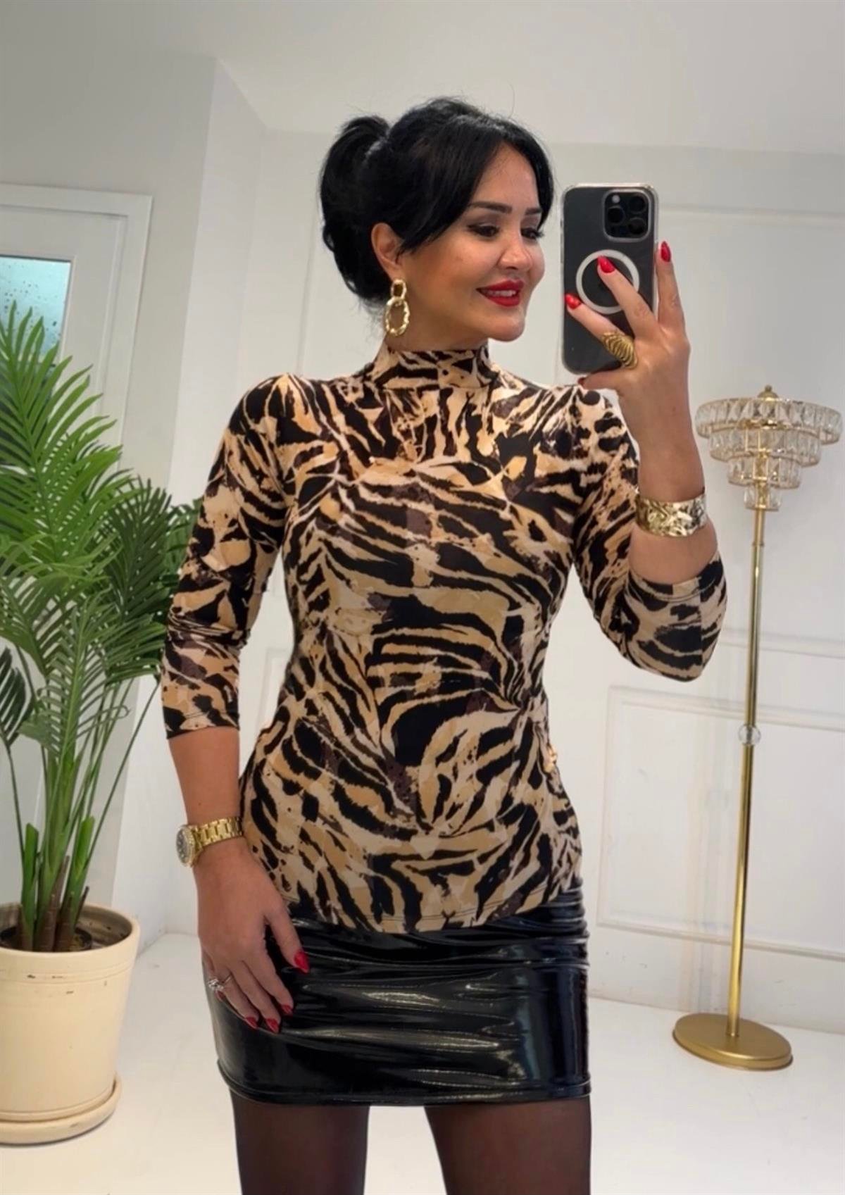 4309 Sonbahar desenli balıkçı yaka bluz hyshsywsyw