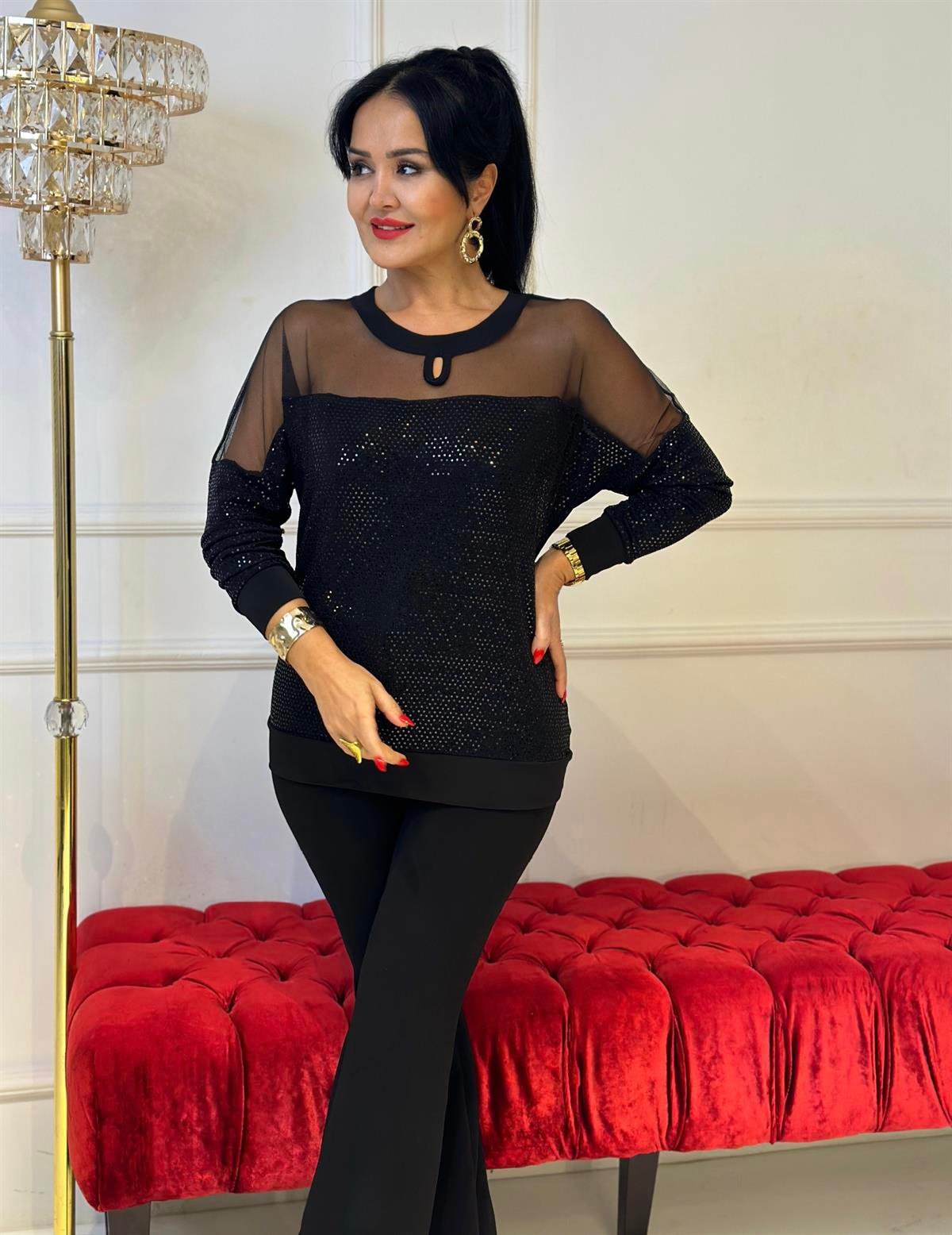 4313 Siyah pullu transparan  bluzdef45ty54y5