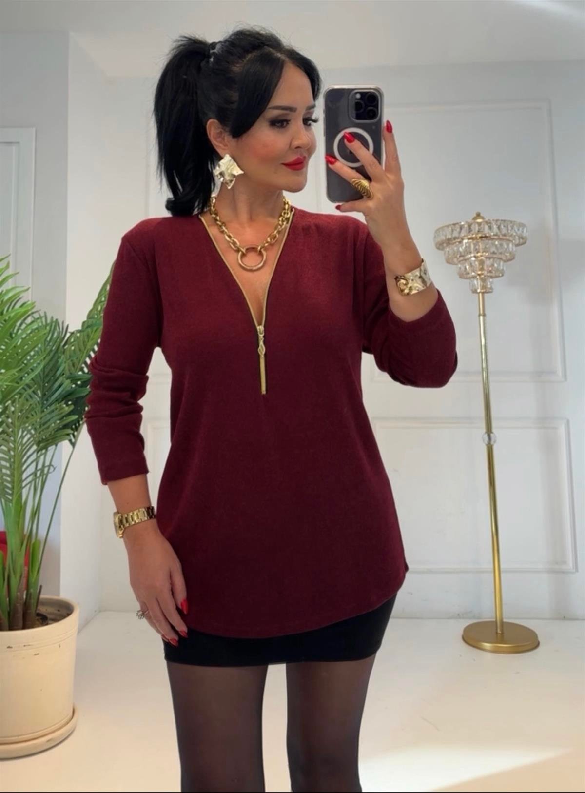 4318 Bordo fermuarlı bluzTFUF