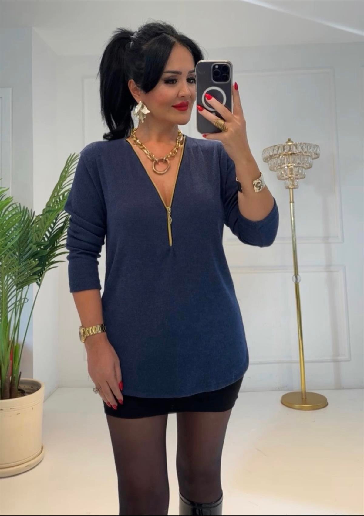 4318 Lacivert  fermuarlı bluzTFUF