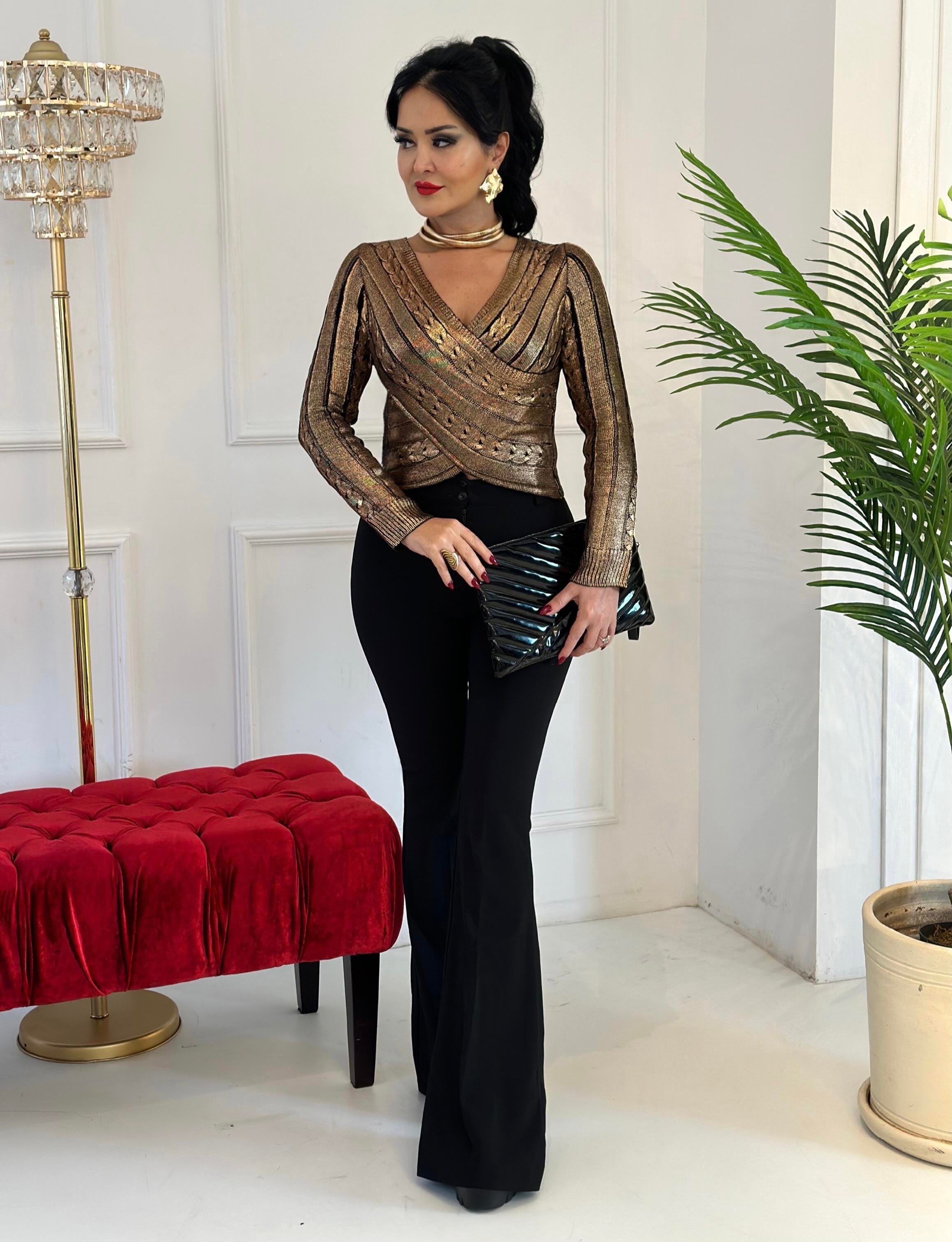 4337 Kruvaza yaka varaklı bluzdef45ty54y5