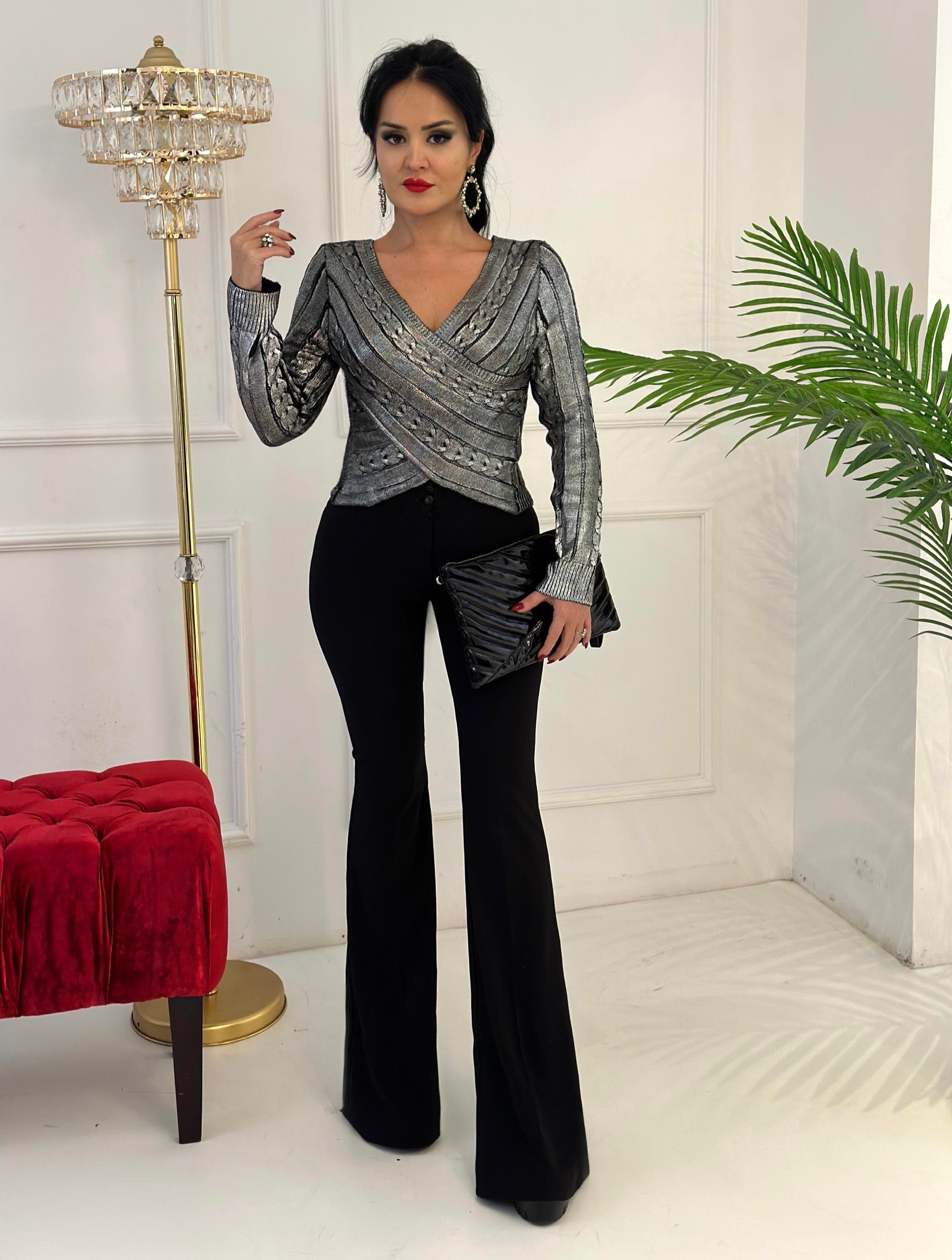 4337 Kruvaza yaka varaklı gümüş bluzdef45ty54y5