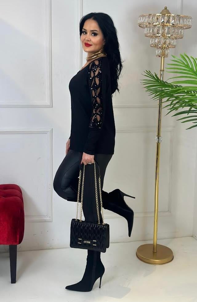 4373 Kolu payet detaylı siyah tunikhyshsywsyw